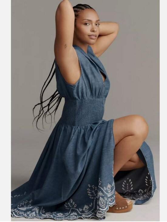 Anthropologie The Tommie Denim Chambray Zip Front Eyelet Trim Dress Blue L NWT - Picture 3 of 8